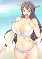 bikini breasts drawing giantess blushing black_hair color large_breasts long_hair beach cleavage belly looking_down voluptuous navy military_uniform kantai_collection admiral haruna takaisen