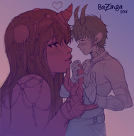 drawing gentle giantess blushing horns color demon smiling mini_giantess demoness necklace earrings no_background looking_at_tiny bazzzinga