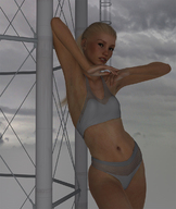 giantess panties blonde cleavage bra ponytail navel standing runswithferrets looking_at_viewer digital_render