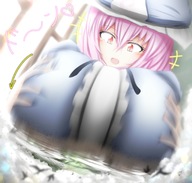breasts drawing giantess giga color large_breasts destruction touhou breast_crush source_needed yuyuko_saigyouji neva