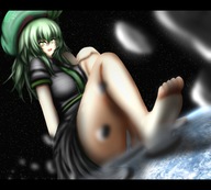 drawing giantess panties giga upskirt long_hair destruction barefoot green_hair sitting looking_down open_mouth hat