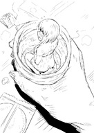 drawing blushing monochrome embarrassed short_hair sitting shrunken_woman cup