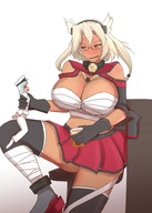 drawing blushing handheld cleavage skirt glasses huge_breasts sitting shrunken_man looking_down no_background takaisen