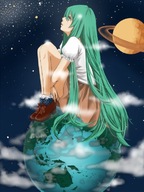 drawing giantess earth giga space color long_hair planet skirt green_hair looking_up