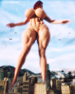 giantess nude city long_hair huge_breasts red_hair muscles airplane outdoors digital_render