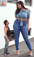 collage size_difference brunette amazon shrunken_man voluptuous squeezemeflat ashley_graham blue_jeans