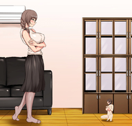 drawing nipples large_breasts long_hair barefoot skirt glasses brunette collar shrunken_woman shirt braid emageht abo_manten furiten_no_ryuu