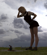 giantess blonde clothed dress looking_down standing runswithferrets camping digital_render