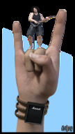 giantess long_hair barefoot finger hand shorts shrunken_man standing guitar bracelet no_background digital_render