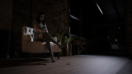 black_hair long_hair butt clothed glasses stockings domination dress sitting kneeling shrunken_man naked_man chair sorenzer0 digital_render
