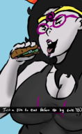 drawing horns black_hair large_breasts long_hair glasses open_mouth sandwich closed_eyes top imminent_vore no_background grey_skin sleepycoffin