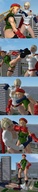 breasts giantess city mega large_breasts cleavage gloves boots street_fighter fighting giantesses outdoors cape belt leotard hands_on_hips power_girl thick_thighs skimpy_clothing digital_render beret dc_comics cammy_white