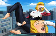 drawing giantess insertion pussy city mega blonde color tongue blue_eyes barefoot superhero dangle imminent_vore gwen_stacy spider-woman marvel_comics spider-gwen naavs