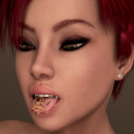 vore tongue mouth teeth blood red_hair hard_vore short_hair face luna shrunken_woman shrunken_man cruel chew digital_render smogass