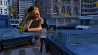 giantess city clothed buildings gloves streets vehicles onlookers looking_away van digital_render 3d-giantess-studios