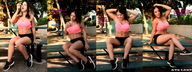 gentle collage long_hair clothed handheld cleavage shoes brunette story sitting navel belly shorts giantess_katelyn shrunken_man top bench dialogue gtslust clothing_entrapment