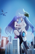 giantess city long_hair blue_eyes buildings helicopter red_eyes blue_hair topless giantesses outdoors glowing_eyes digital_render