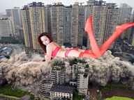 collage panties city mega long_hair butt destruction bra high_heels buildings brunette stockings asian lying_down demolish velocity-vector