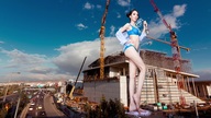 giantess collage city destruction handheld barefoot water wet brunette underwear smiling short_hair looking_down hand_crush vehicles outdoors truck jacket velocity-vektor