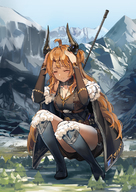 drawing giantess horns color long_hair armor cleavage weapon mountains outdoors crouching cape necklace trees top orange_hair