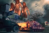 breasts nipples nude pussy city long_hair destruction buildings helicopter military red_hair navel walking jets giantesses women digital_render narkoman22