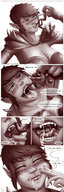 breasts drawing giantess vore blushing comic monochrome large_breasts tongue armor cleavage bra saliva smiling short_hair muscles bulge abs fangs open_mouth dangle thighs dripping voluptuous orc closed_eyes unwilling licking_lips burp dialogue panels no_background looking_at_tiny vore_day dangnoms multiple_pages orc_girl