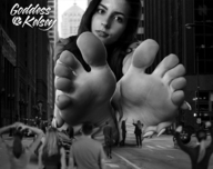 giantess collage feet city monochrome toes barefoot buildings soles brunette streets looking_at_viewer pedestrians vehicle_crush between_buildings city_street spectators street_view goddess_kelsey