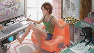drawing feet color barefoot blood brunette short_hair sitting foot_crush shorts unaware artist computer mikurei26