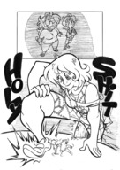 drawing growth giantess comic monochrome long_hair destruction smiling scared medium_length_hair looking_down dialogue panels
