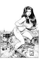 breasts drawing nipples giantess mega monochrome black_hair large_breasts long_hair destruction clothed handheld rampage bra skirt angry highway vehicles straddling top ripped_clothing bystanders vehicle_crush running_away attack_of_the_50_foot_woman makeshift_clothing