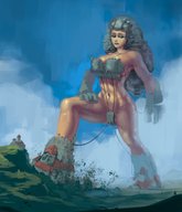drawing giantess mega large_breasts castle thighs grey_hair fortress kononiko wearing_buildings fortress_girl