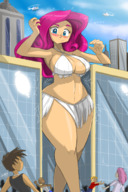 drawing giantess blushing large_breasts blue_eyes helicopter pink_hair looking_down outdoors my_little_pony pinkie_pie squeezed thick_thighs cramped skimpy_clothing humanized_pony makeshift_clothing shonuff44