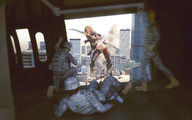 city mega blonde long_hair armor destruction clothed cleavage buildings helicopter military domination navel cruel bow cape arrow sorenzer0 digital_render