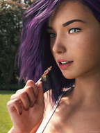 blue_eyes purple_hair bondage shrunken_woman looking_at_viewer imminent_vore sorenzer0 digital_render