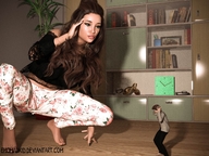 long_hair clothed barefoot brunette crying squatting legs shrunken_man digital_render stretch_pants emomadkid
