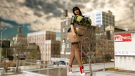giantess city black_hair long_hair huge_breasts shorts sneakers outdoors converse digital_render