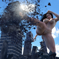 breasts nipples giantess nude pussy city mega black_hair long_hair destruction barefoot rampage buildings kick navel pedicure digital_render devious3d