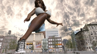 breasts giantess city mega large_breasts long_hair clothed cleavage bra buildings brunette shorts sneakers digital_render endlessrain0110 xity