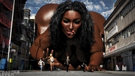 giantess black_hair long_hair huge_breasts crawling dark_skin outdoors big_butt imminent_vore digital_render