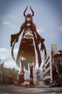 horns city black_hair long_hair destruction looking_down outdoors glowing_eyes digital_render