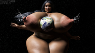 giantess earth giga space black_hair long_hair planet huge_breasts smiling lactation looking_down outdoors thick_thighs digital_render dinner-kun between_breasts