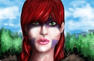 drawing giantess long_hair red_hair earrings makeup on_shoulder hellblade