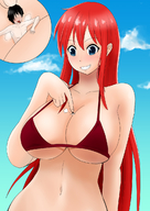 giantess black_hair large_breasts long_hair red_hair short_hair looking_down outdoors bikini_top orenji between_breasts