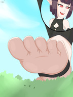 drawing micro barefoot purple_hair smiling short_hair fangs unaware looking_back raised_foot imminent_crush pointed_ears stirrups cutelittlenightmare