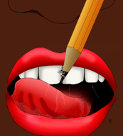 giantess saliva fairy shrunken_man pencil dark_skin dripping licking_lips hanging_on imminent_vore