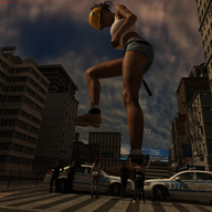 giantess city butt police short_shorts looking_down vehicles fist raised_foot bystanders digital_render giantess_lover45