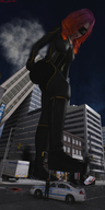 nipples giantess large_breasts long_hair destruction gun blood superhero red_hair police looking_down bodysuit mask vehicles smoke looking_up raised_foot super_heroine vehicle_crush imminent_crush shooting digital_render giantess_lover45