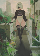 breasts drawing white_hair color sword cleavage high_heels short_hair bus walking vehicles thigh_highs leotard hairband blindfold post_apocalyptic nier_automata 2b destroyed_city