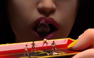 nude butt licking scared lying_down shrunken_men shrunken_woman close_up open_mouth lipstick bowl licking_lips escape imminent_vore digital_render jamesmason0