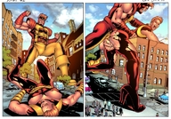 drawing giantess city blonde comic color butt destruction giant penis sex cleavage high_heels buildings domination muscles fighting onlookers testicles costume ripped_clothing super_heroes